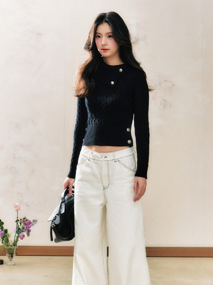 Black Button Sweater Inner Fitted Top - CHINASQUAD