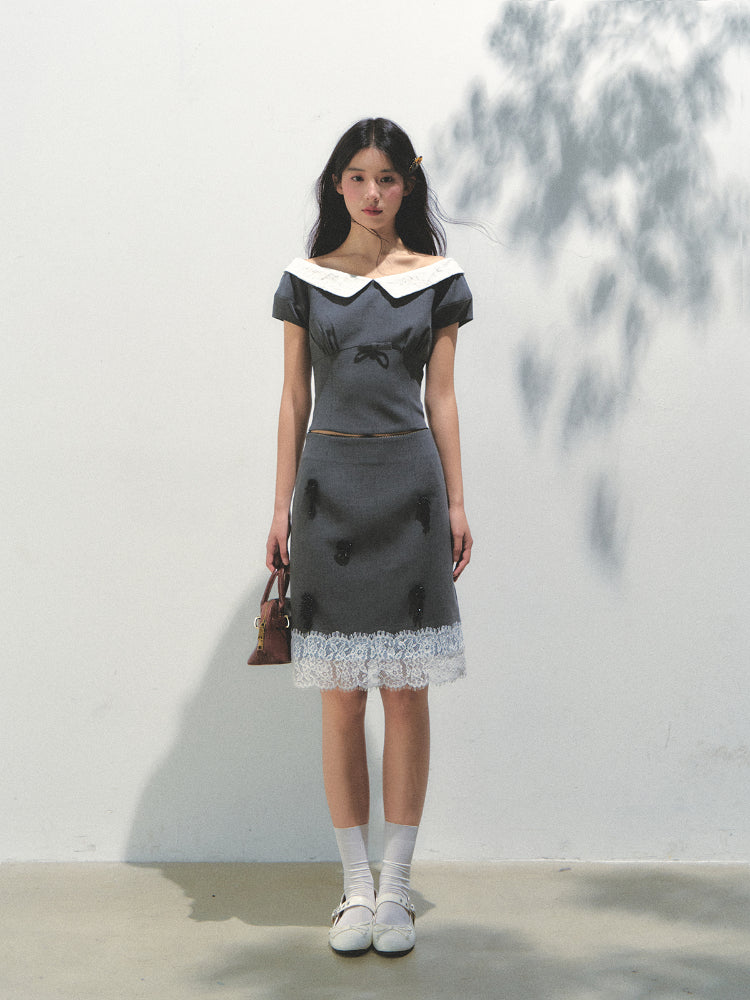 Dark Gray Princess Sleeve Top & skirt set - CHINASQUAD