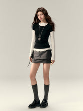 (Final Sale) Faux Two-Piece Tie Waist Denim Skirt - CHINASQUAD