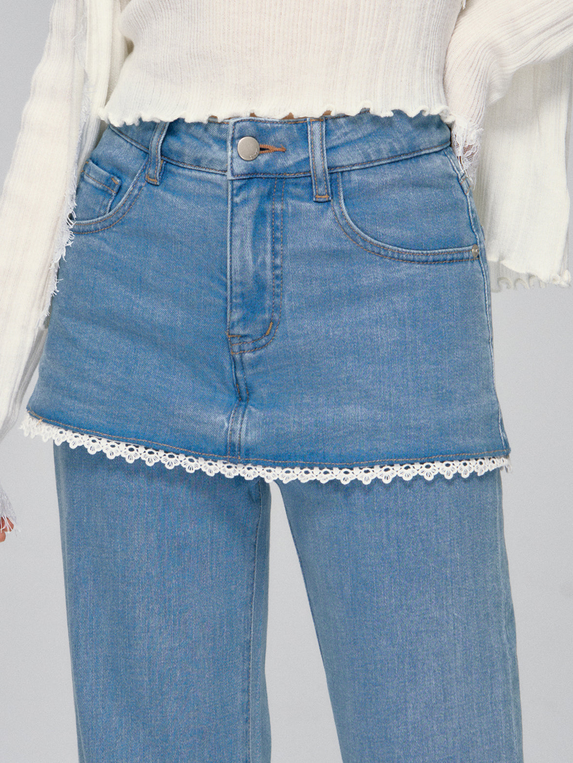 Lace Layered Faux Two-Piece Denim Pants - CHINASQUAD