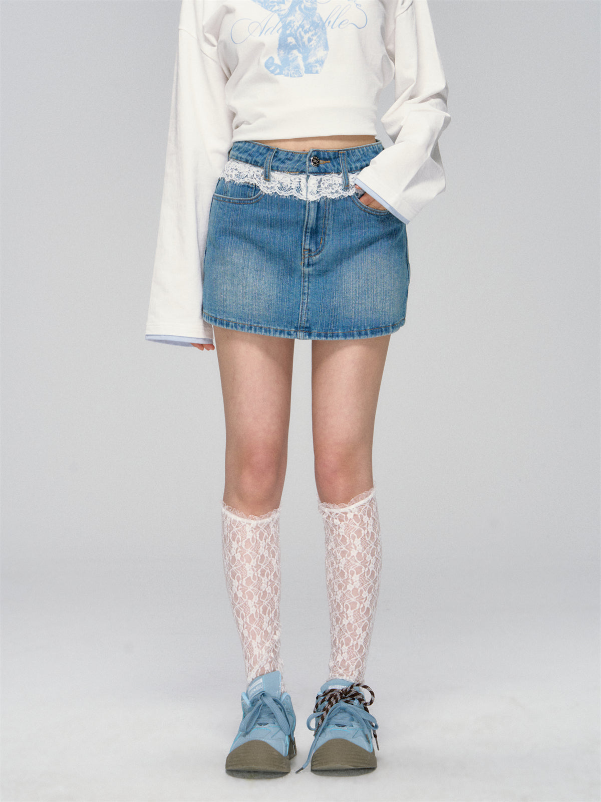 Blue Lace-Trim Denim Skirt - CHINASQUAD