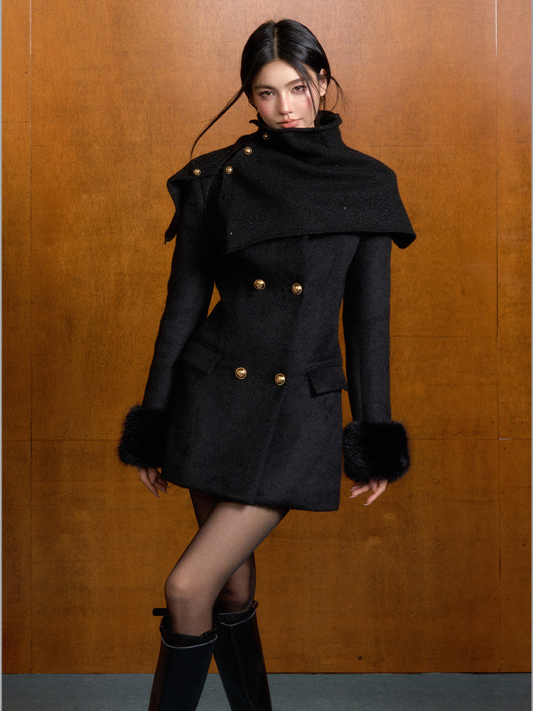 Short Slim Wool Coat with Detachable Faux Fur - CHINASQUAD