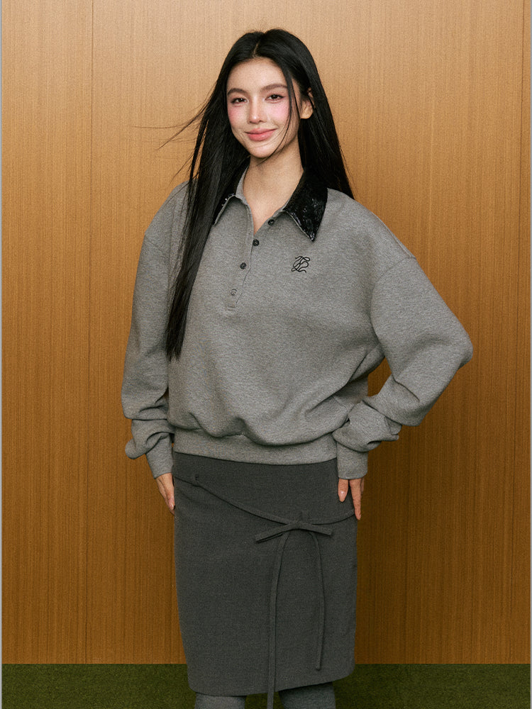 Sequin Collar Polo Sweatshirt - CHINASQUAD