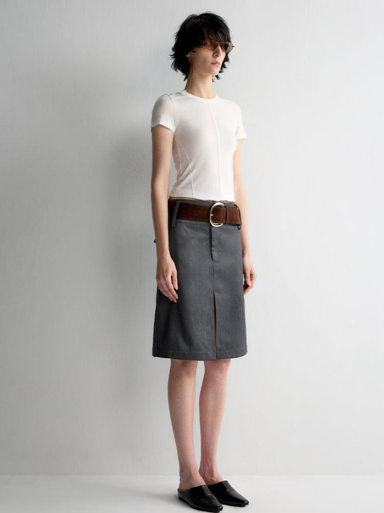 Grey Wool Double-layer Suit Midi Skirt - CHINASQUAD