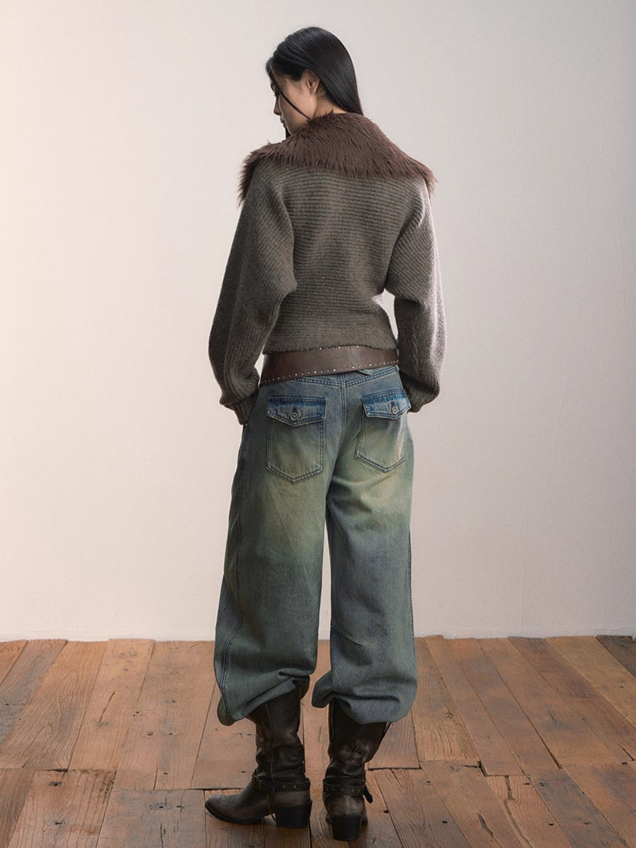 Faux Fur Collar Knit Jacket