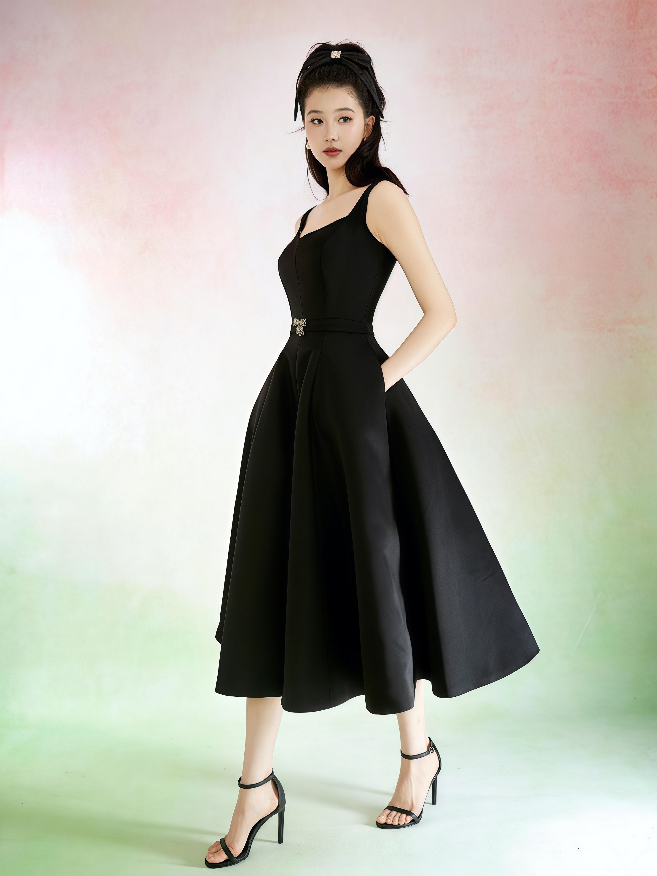 Minimalist Black Square Neck Midi Dress
