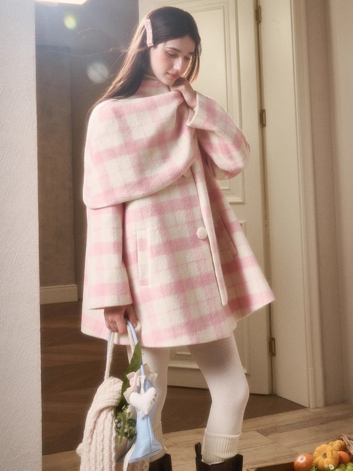 Baby Pink Raspberry Check Wool-Like Cape Coat
