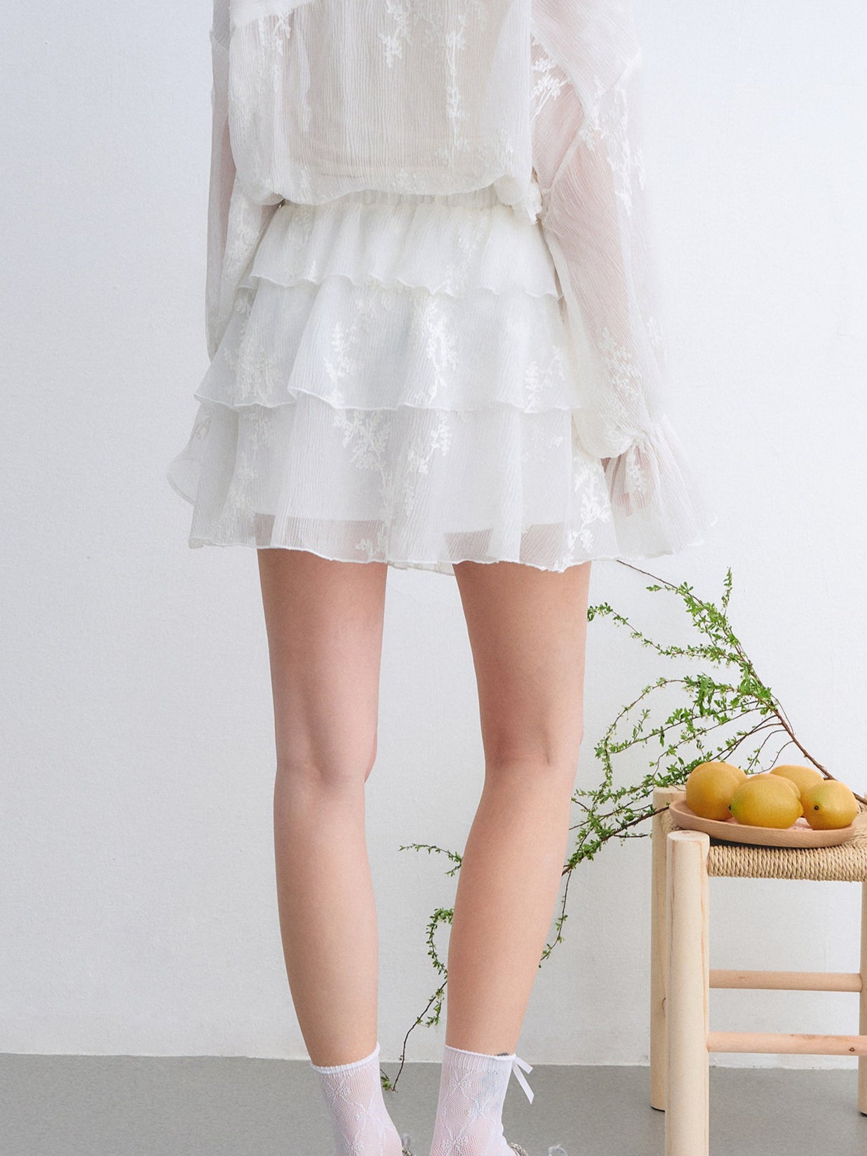 Embroidered Ruffle Chiffon Shirt & Tiered Skirt Set