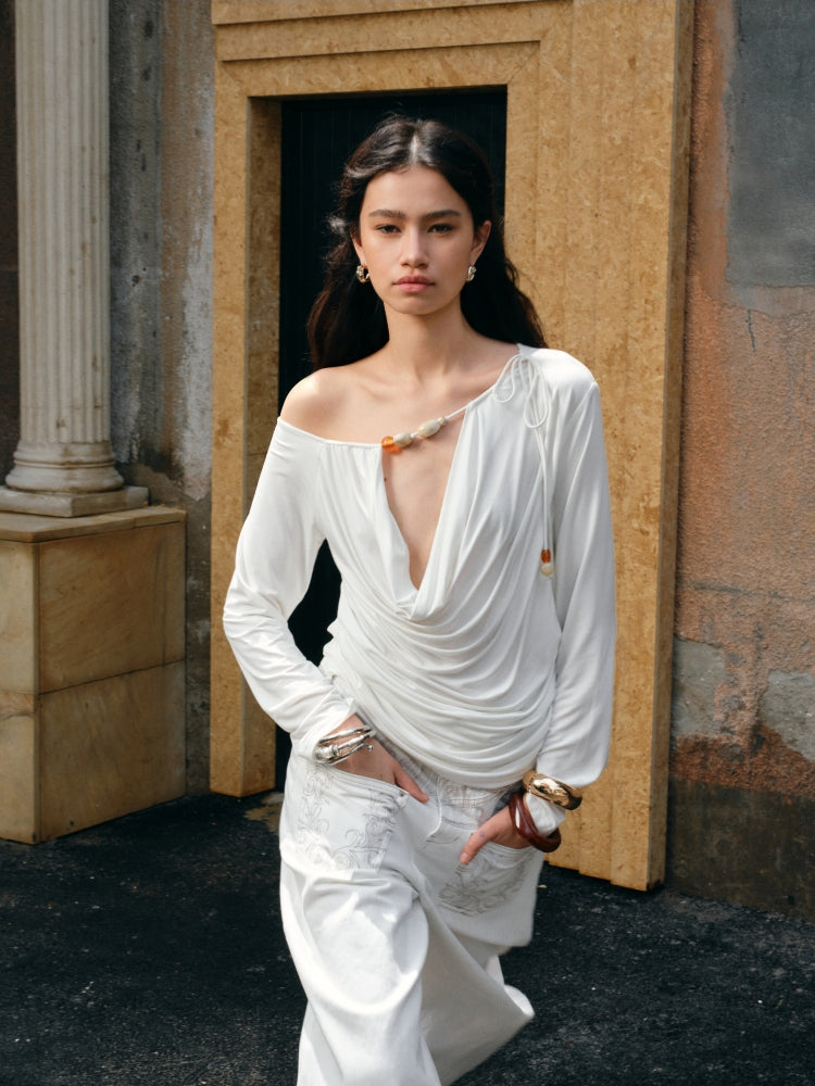 Beaded Cowl Neck Off-shoulder Long-sleeve Tunic - CHINASQUAD