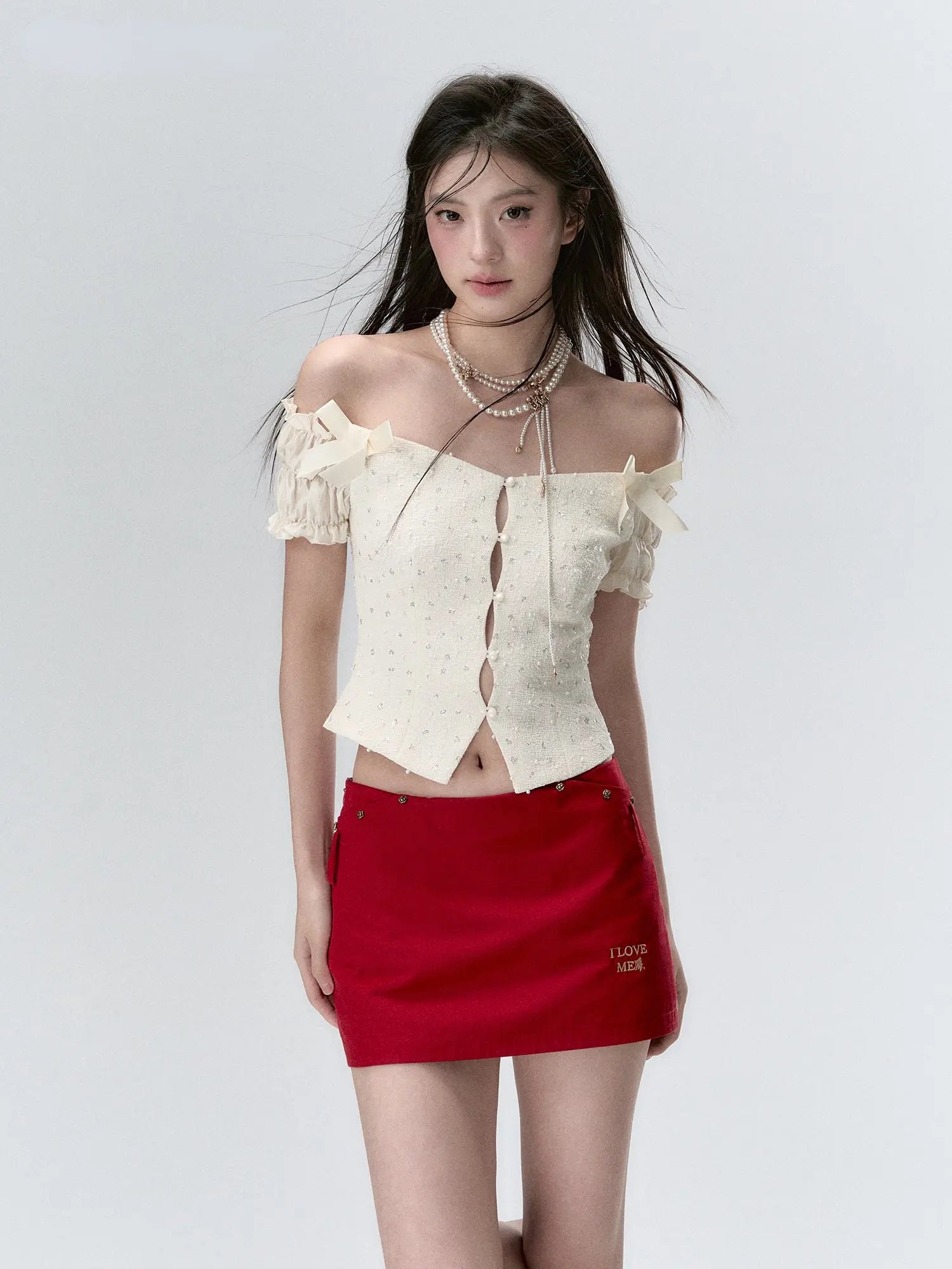 Off-the-Shoulder Sparkly 3D Pearl Mesh Blouse - CHINASQUAD