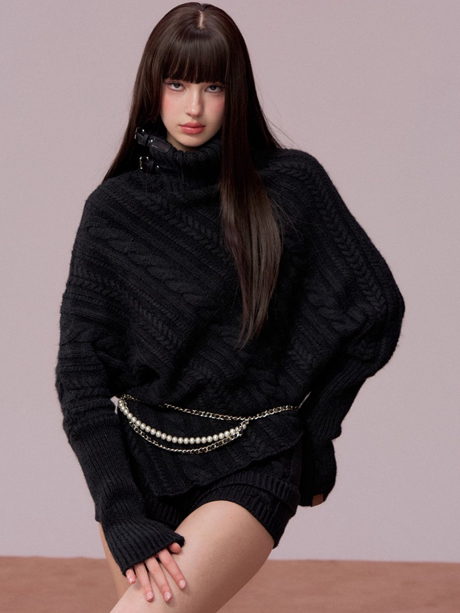 Leather-Buckle Thickened Cape Sweater