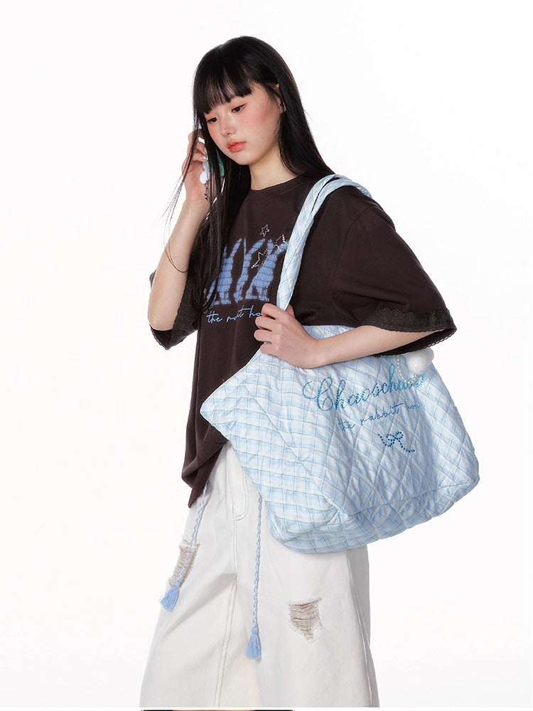 Crystal-Embellished Plaid Large Tote Bag