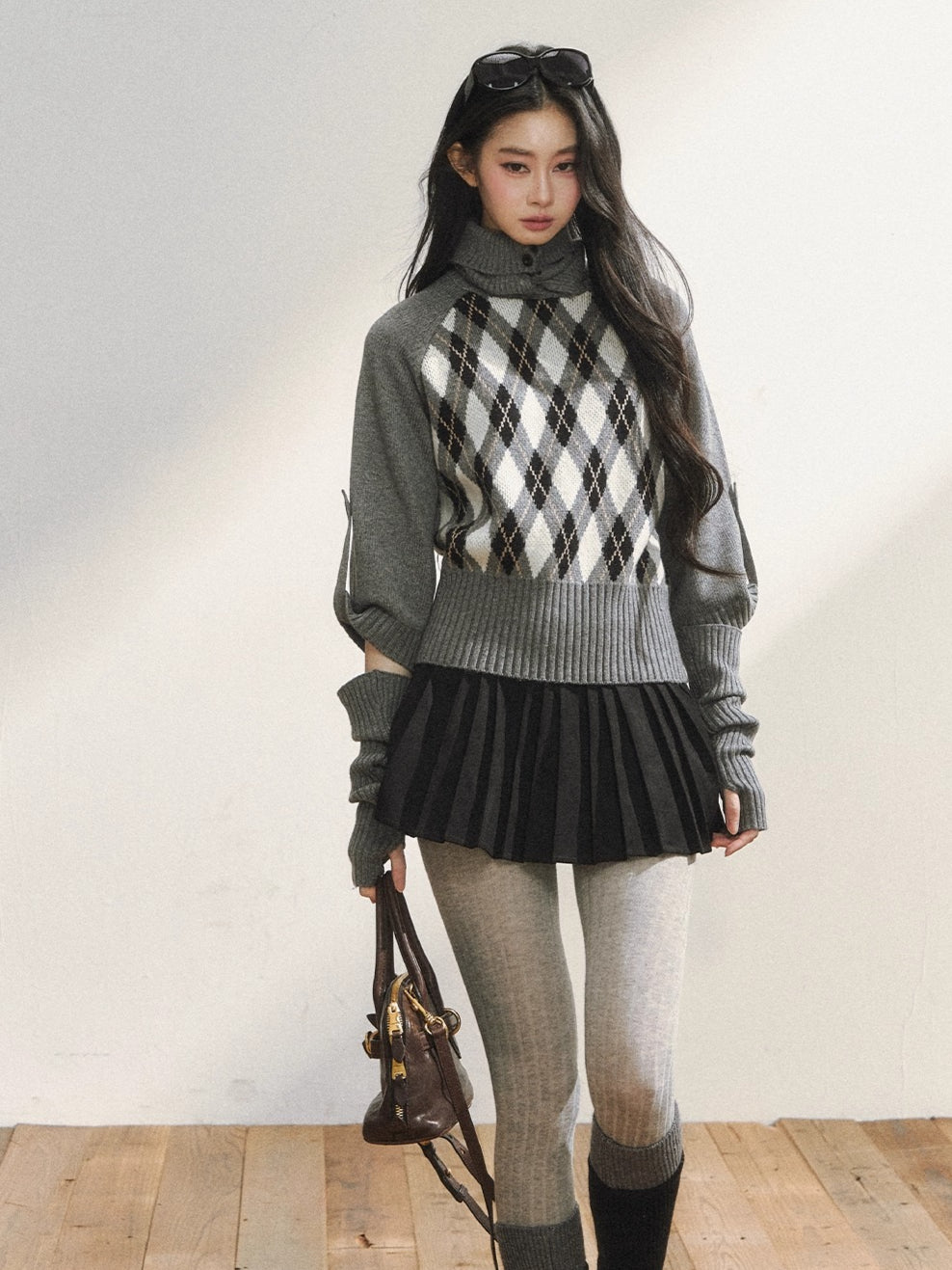 Vintage Argyle Knit Turtleneck Sweater & Skirt Set