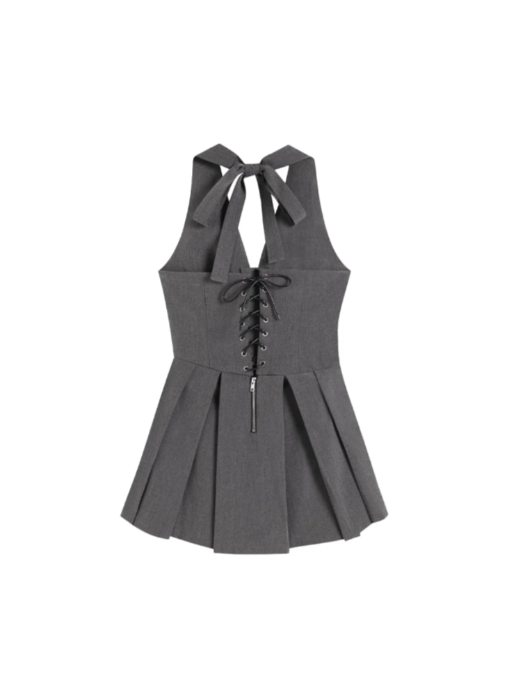 Grey Halter Neck Lace-Up Mini Dress