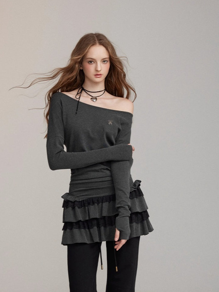 One-Shoulder Lace-Trim Tiered Dress