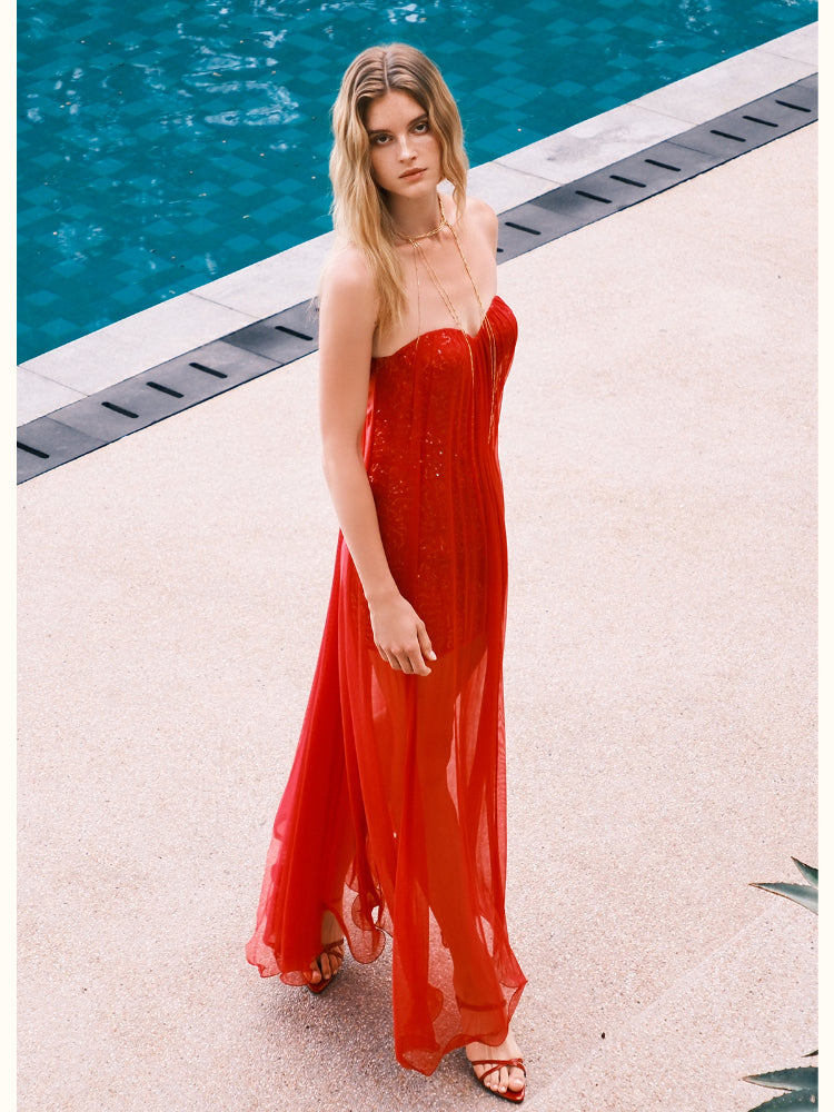 Thea Netting Skirt Lace Backless Dress - CHINASQUAD