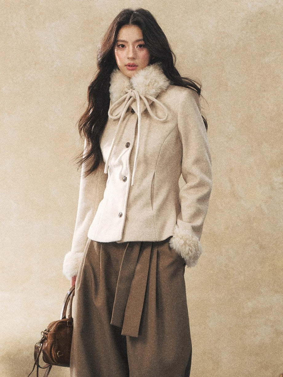 Detachable Fur-Collar Wool-Blend Jacket