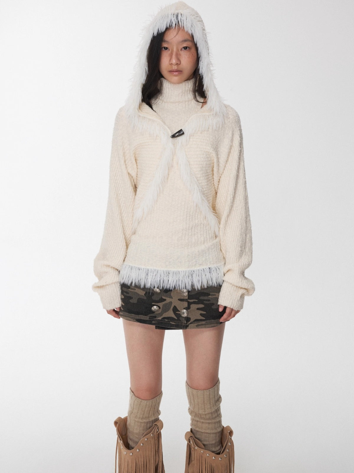 Fringe Knit Vest & Hooded Sleeveless Set