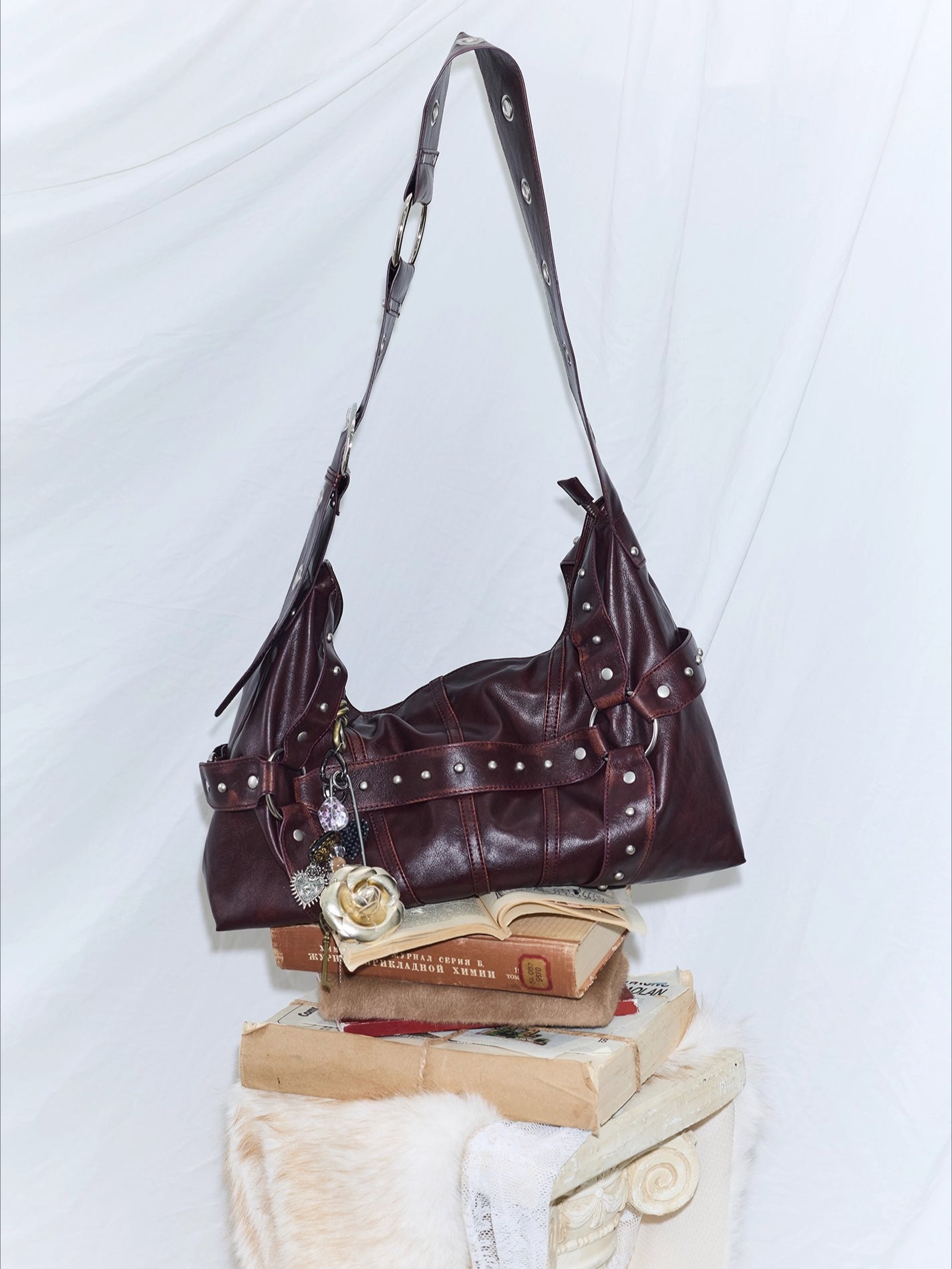 Vintage Studded Wide-Strap Crossbody Bag