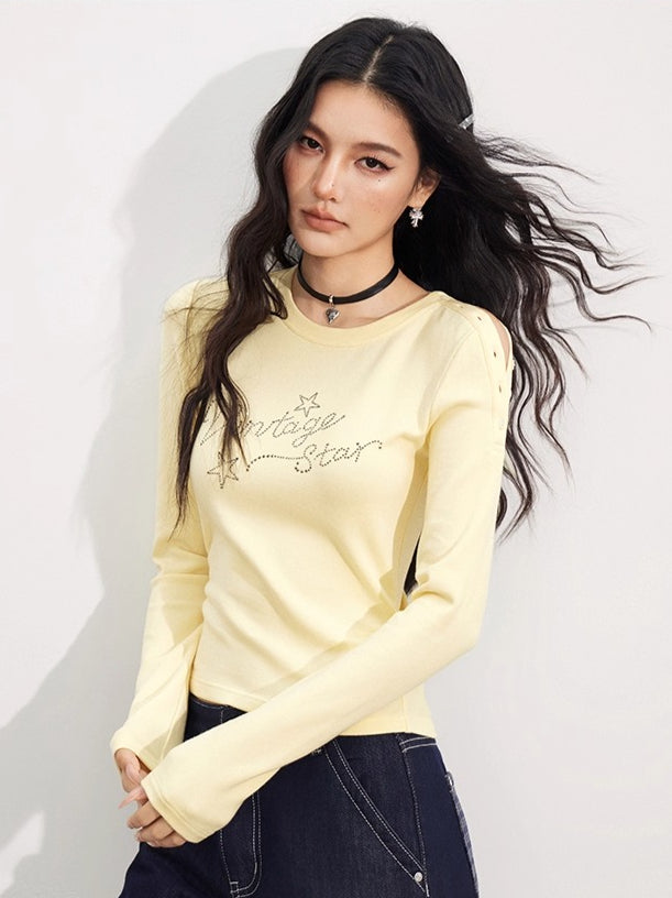 Rhinestone Star Fitted Long Sleeve T-Shirt - CHINASQUAD