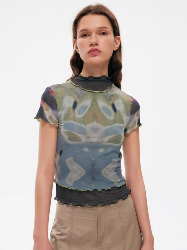 Designer Tie-Dye Sheer Mesh Fitted T-Shirt