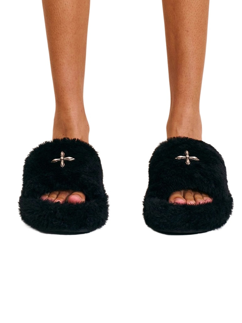 Cross Emblem Shearling Slide Sandals - CHINASQUAD