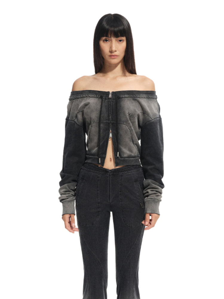 Washed Slim-Fit One-Shoulder Zip-up Sweatshirt - CHINASQUAD