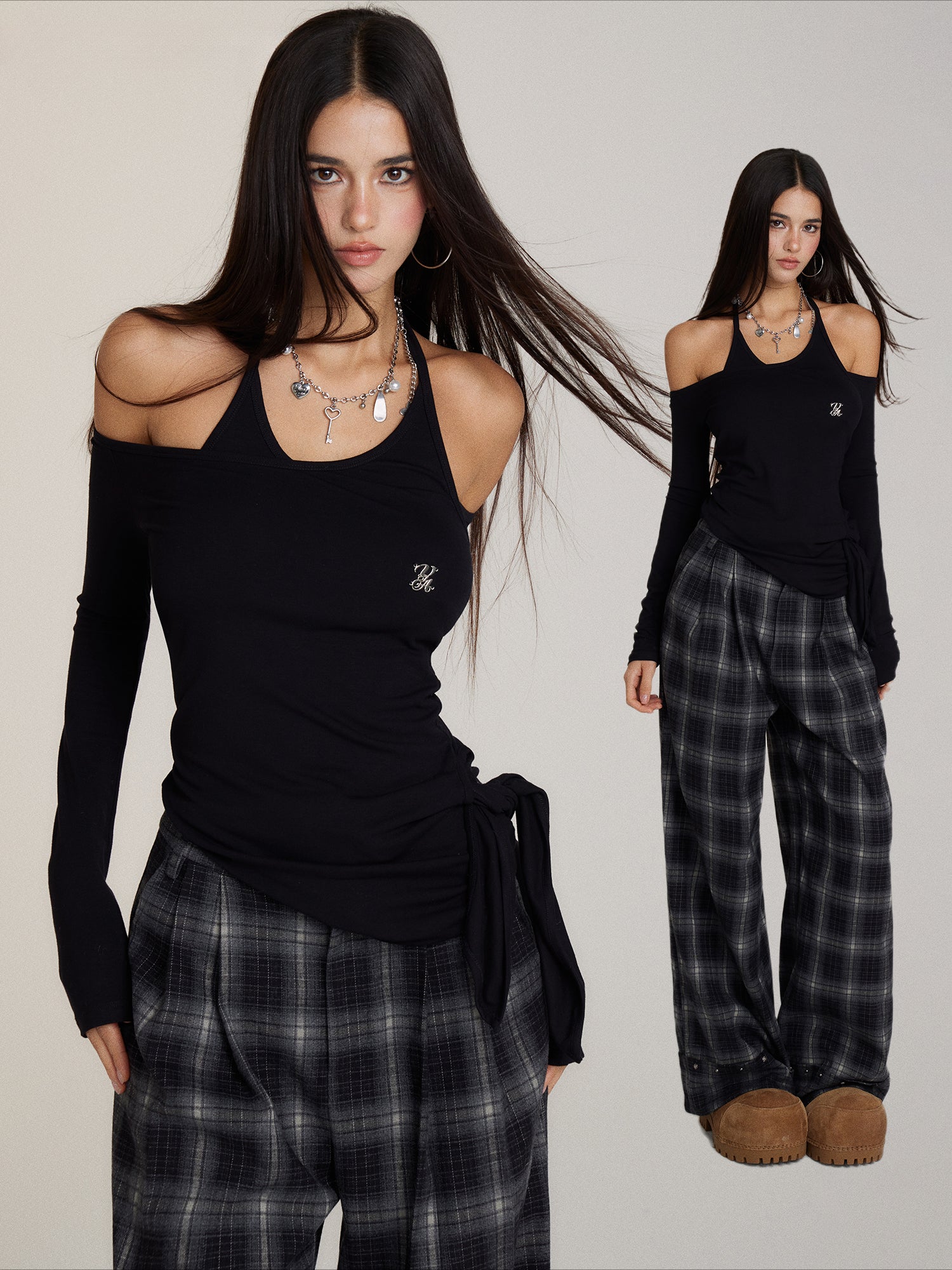 Off-Shoulder Two-Way Tie Irregular T-Shirt - CHINASQUAD