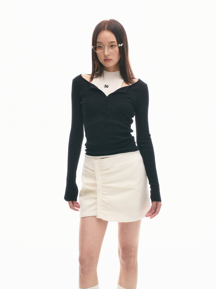 Reversible Buttoned Turtleneck Long-Sleeve Stretch Fitted Top - CHINASQUAD