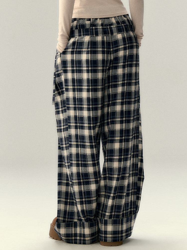 Pleated Belted Plaid Casual Pants - CHINASQUAD