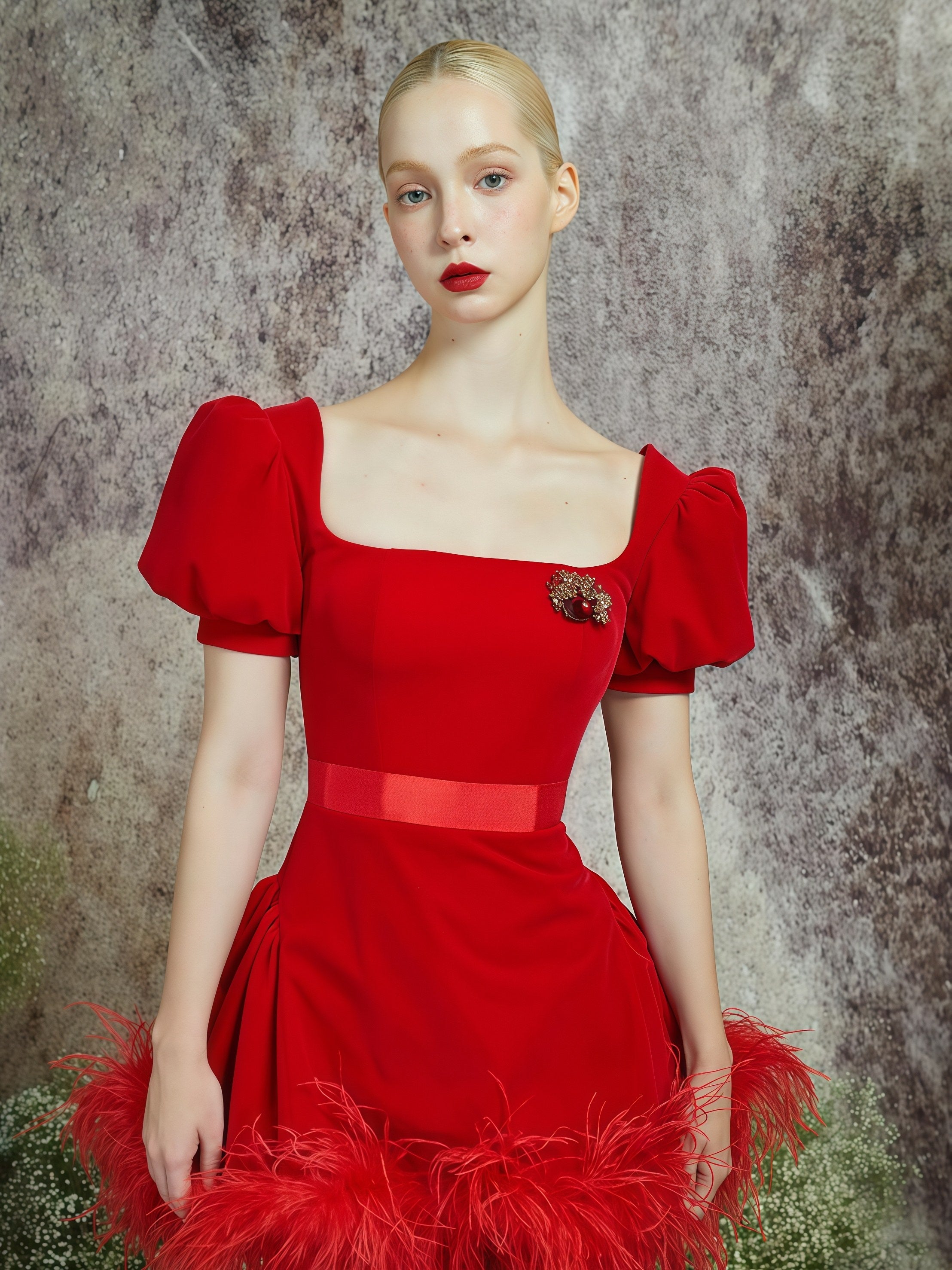 Scarlet Puff Sleeve Feather Hem Mini Dress