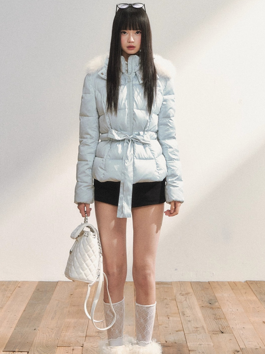 Two-Tone Belted Detachable Fur Hood Down Jacket