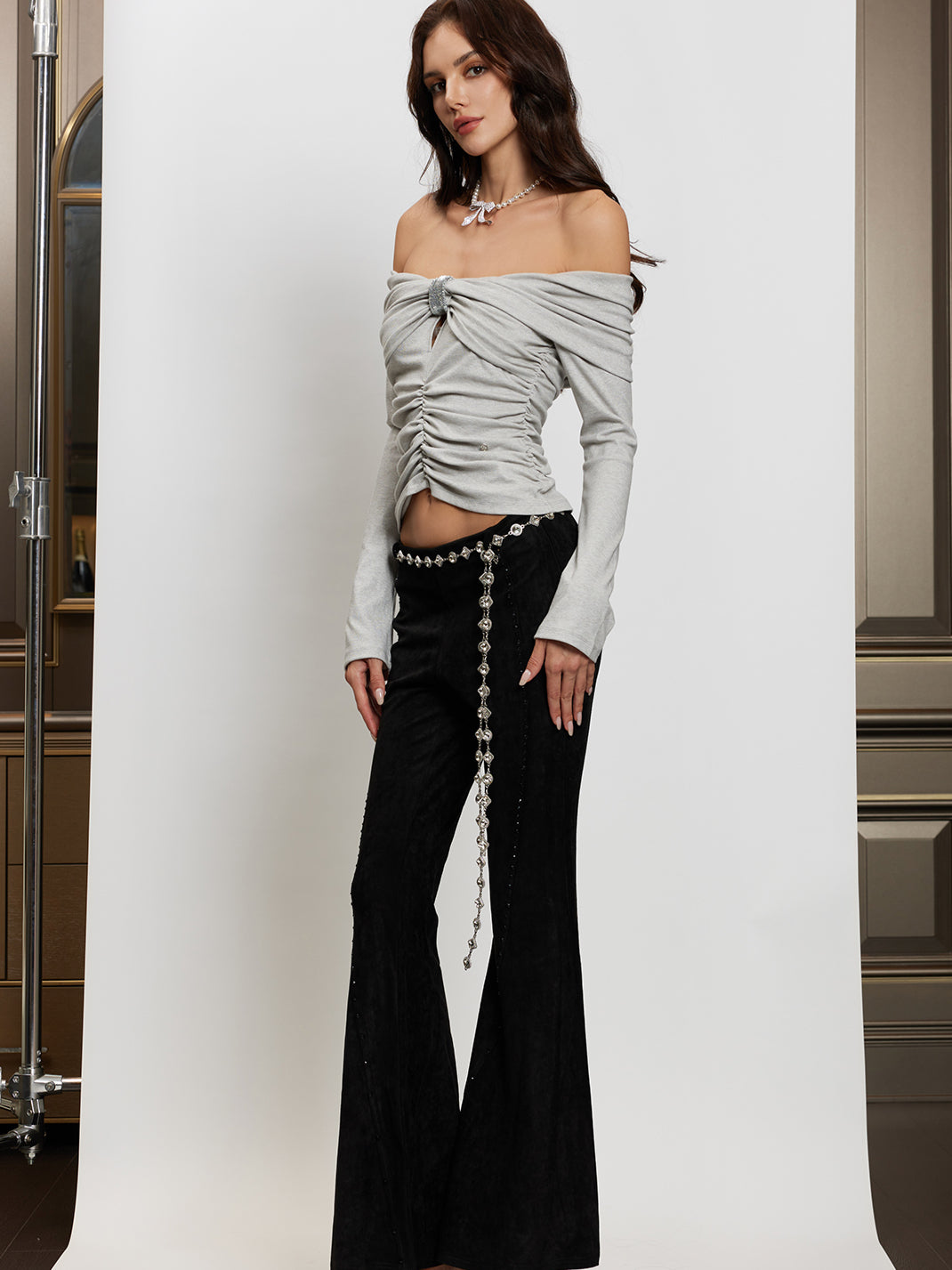 Ruched Off-Shoulder Slim-Fit Knit Top - CHINASQUAD