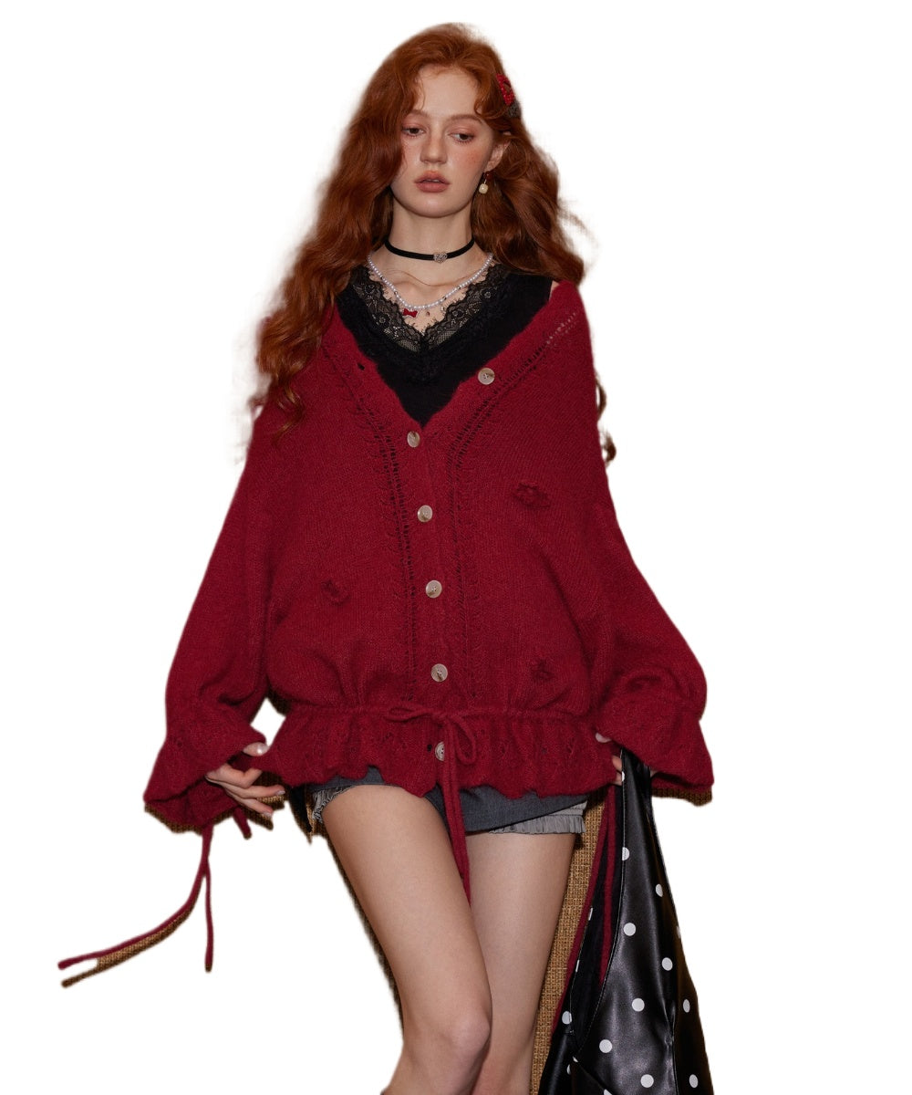 Wool-Blend Drawstring Floral V-Neck Knitted Cardigan - CHINASQUAD