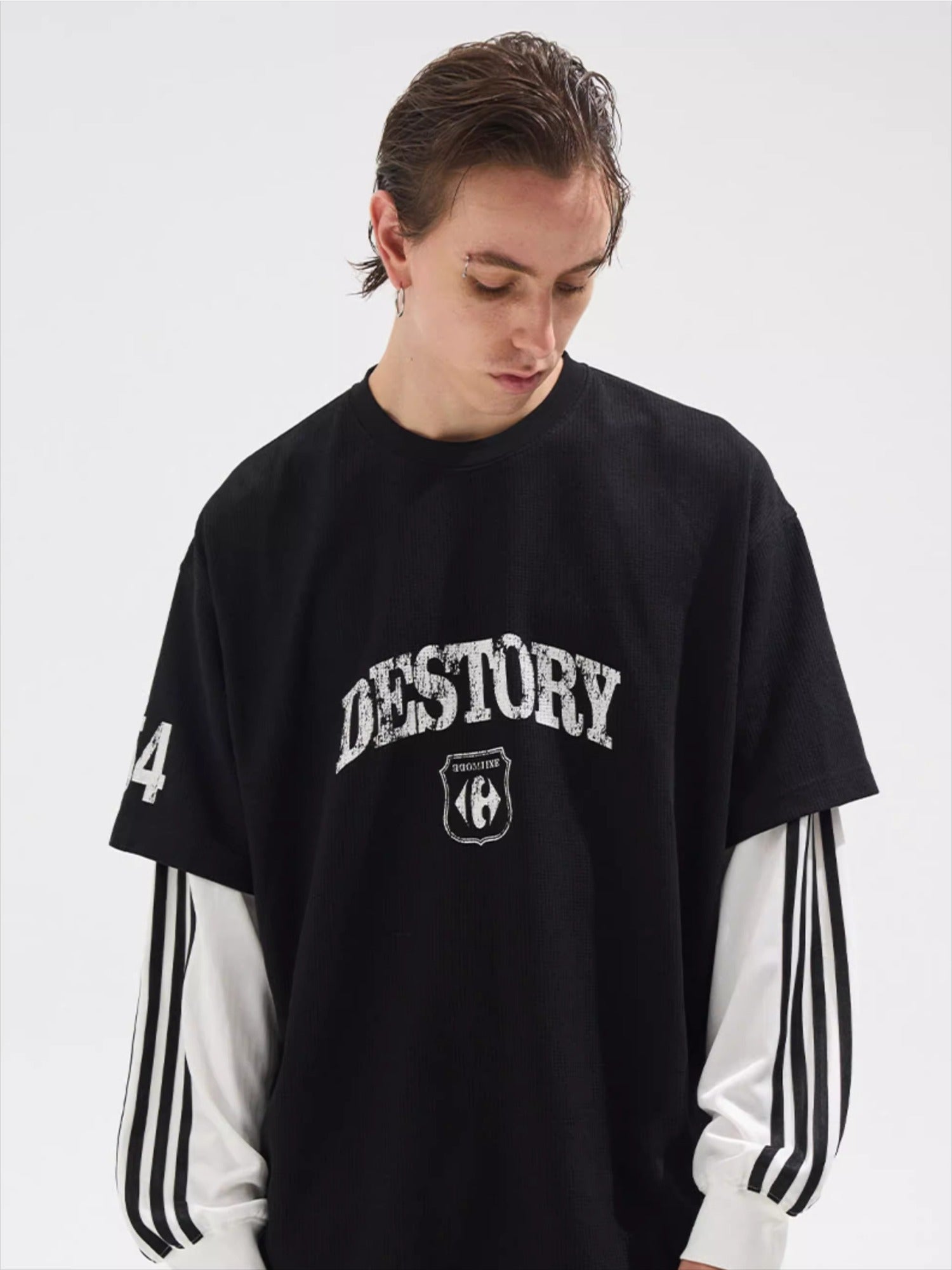 Faded Print Layered-Effect Patchwork Long Sleeve T-Shirt - CHINASQUAD