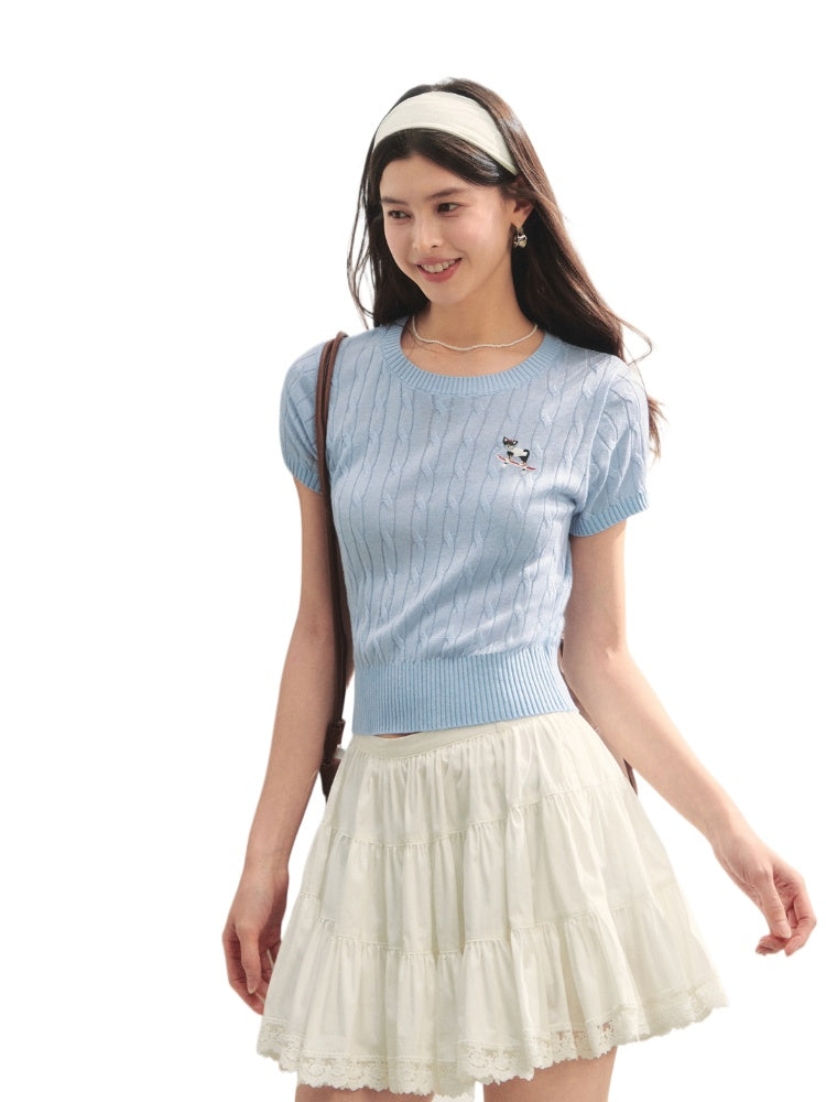 Puppy Embroidered Regular-shoulder Twist Knit T-shirt - CHINASQUAD