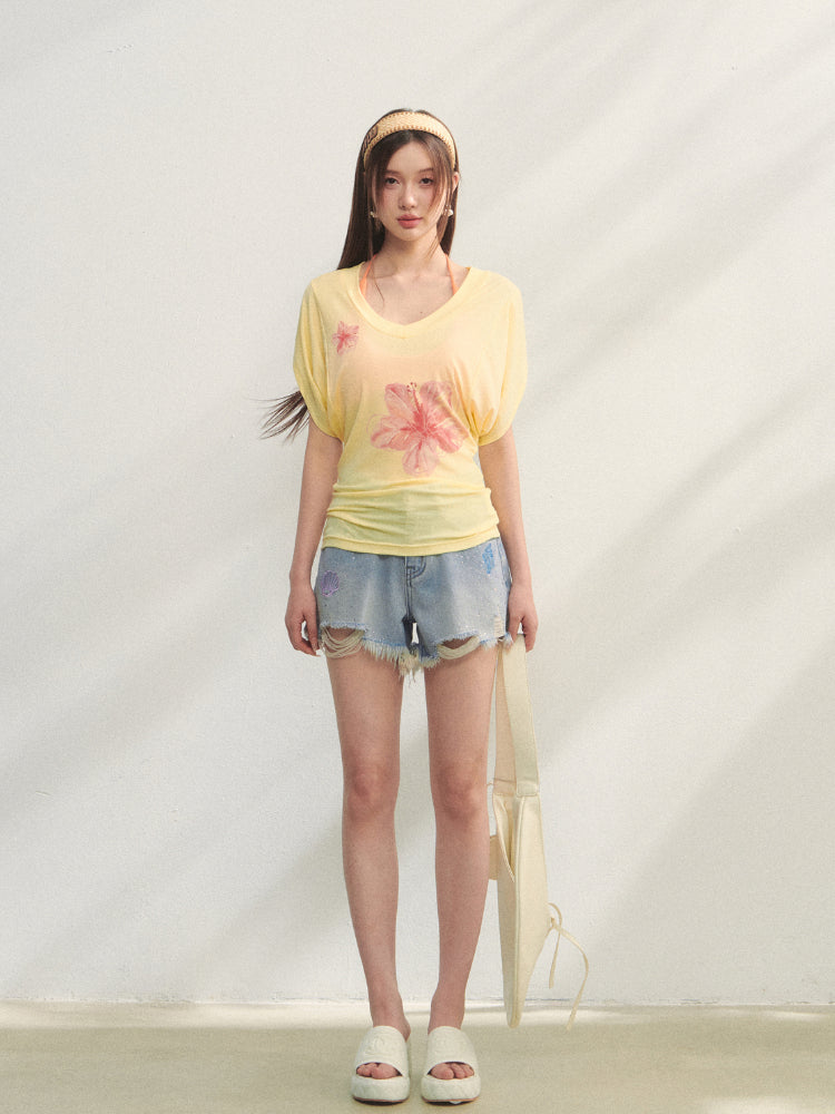 Embroidered Rhinestone Fringed Denim Shorts - CHINASQUAD