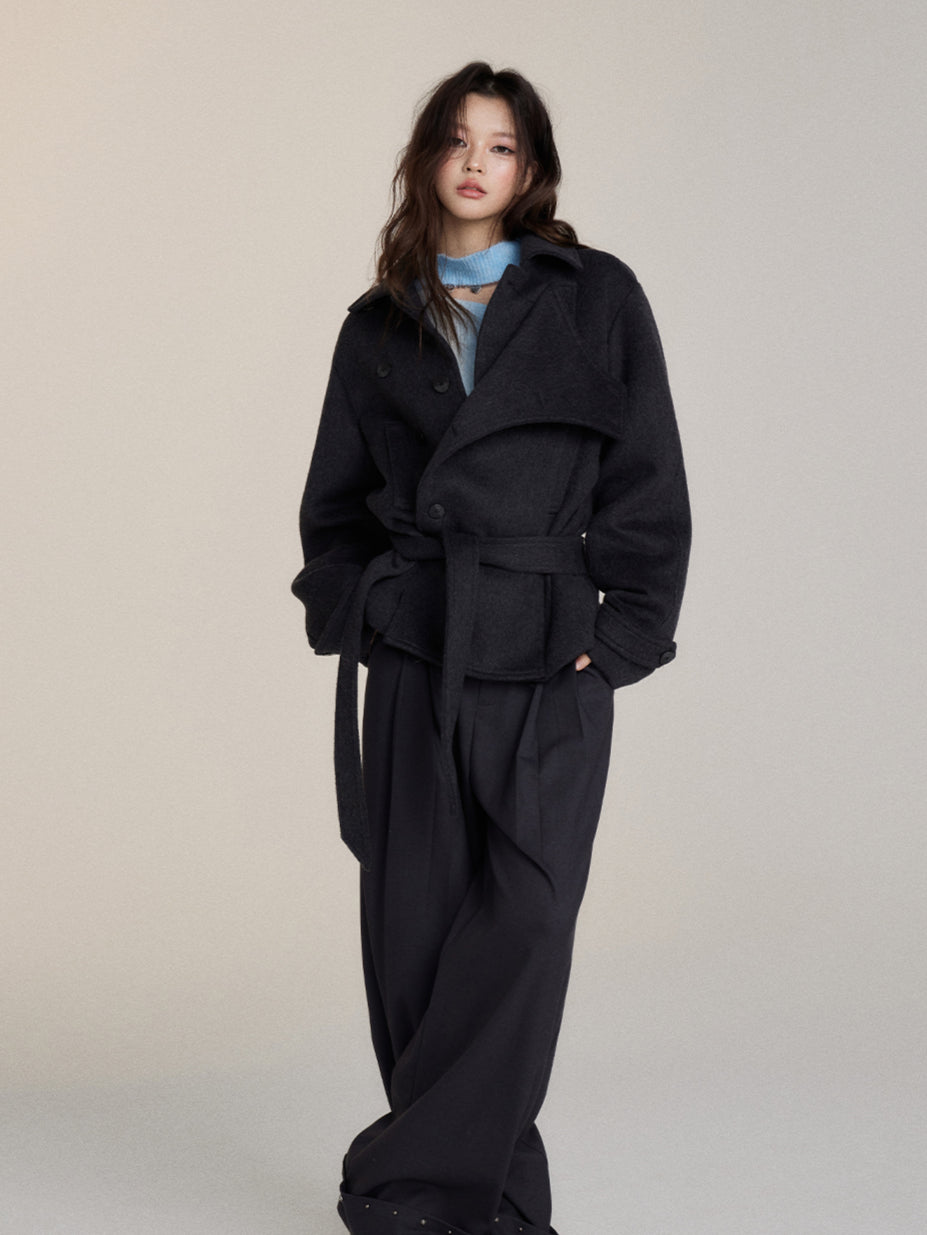 Faux Two-Piece Belted Layered Coat - CHINASQUAD
