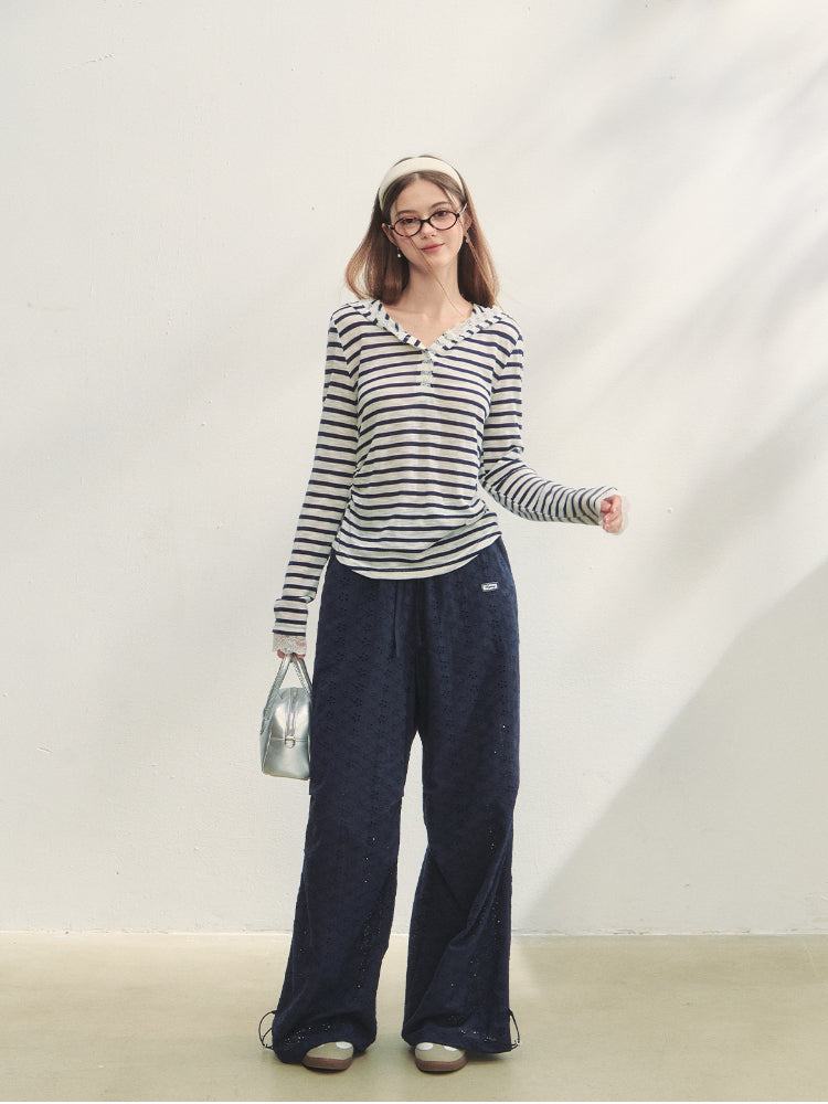 Striped Color-block Lace Spliced T-Shirt - CHINASQUAD