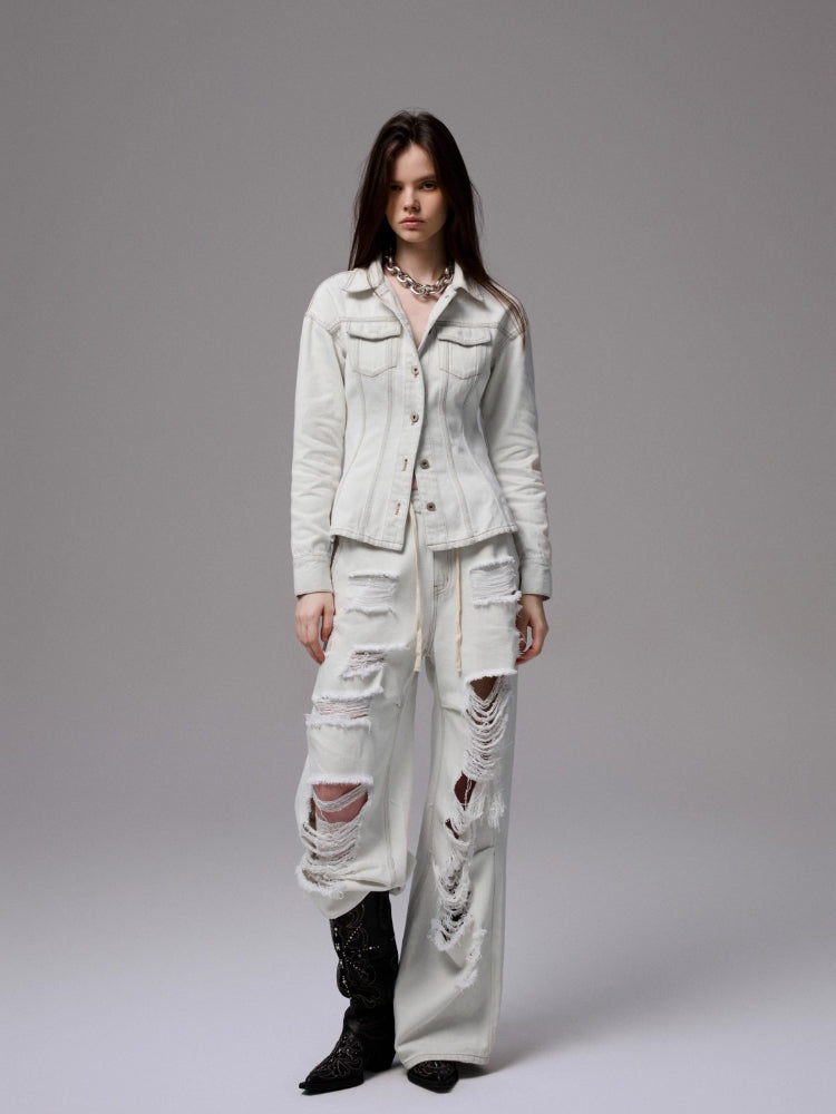 Embroidered Low-Waist Ripped Jeans