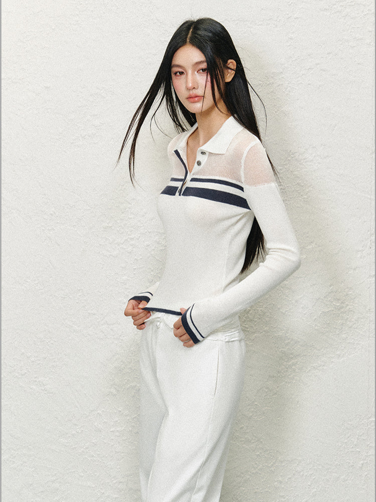 Off-Shoulder Colorblock Polo Long Sleeve Top - CHINASQUAD