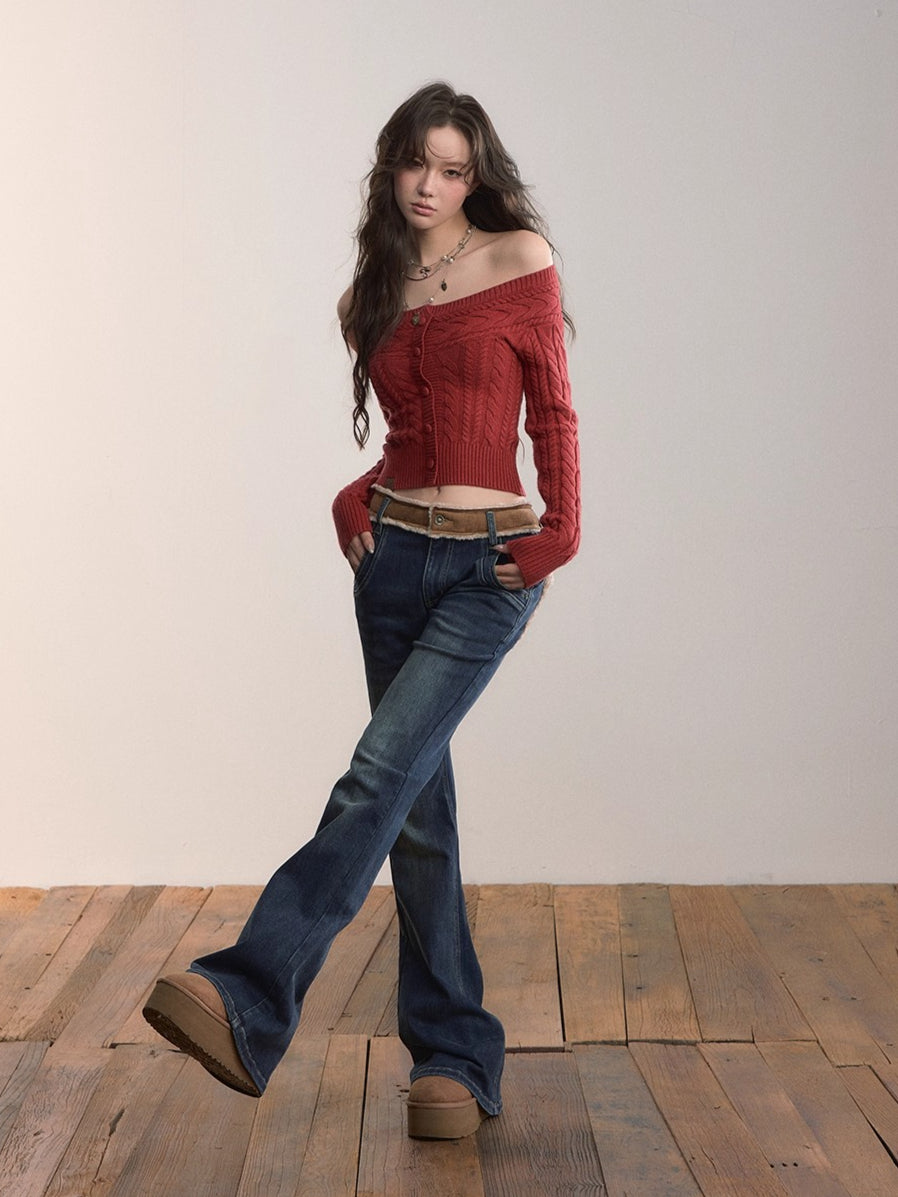 Contrast Panel Faux Fur Waist  Flare Jeans