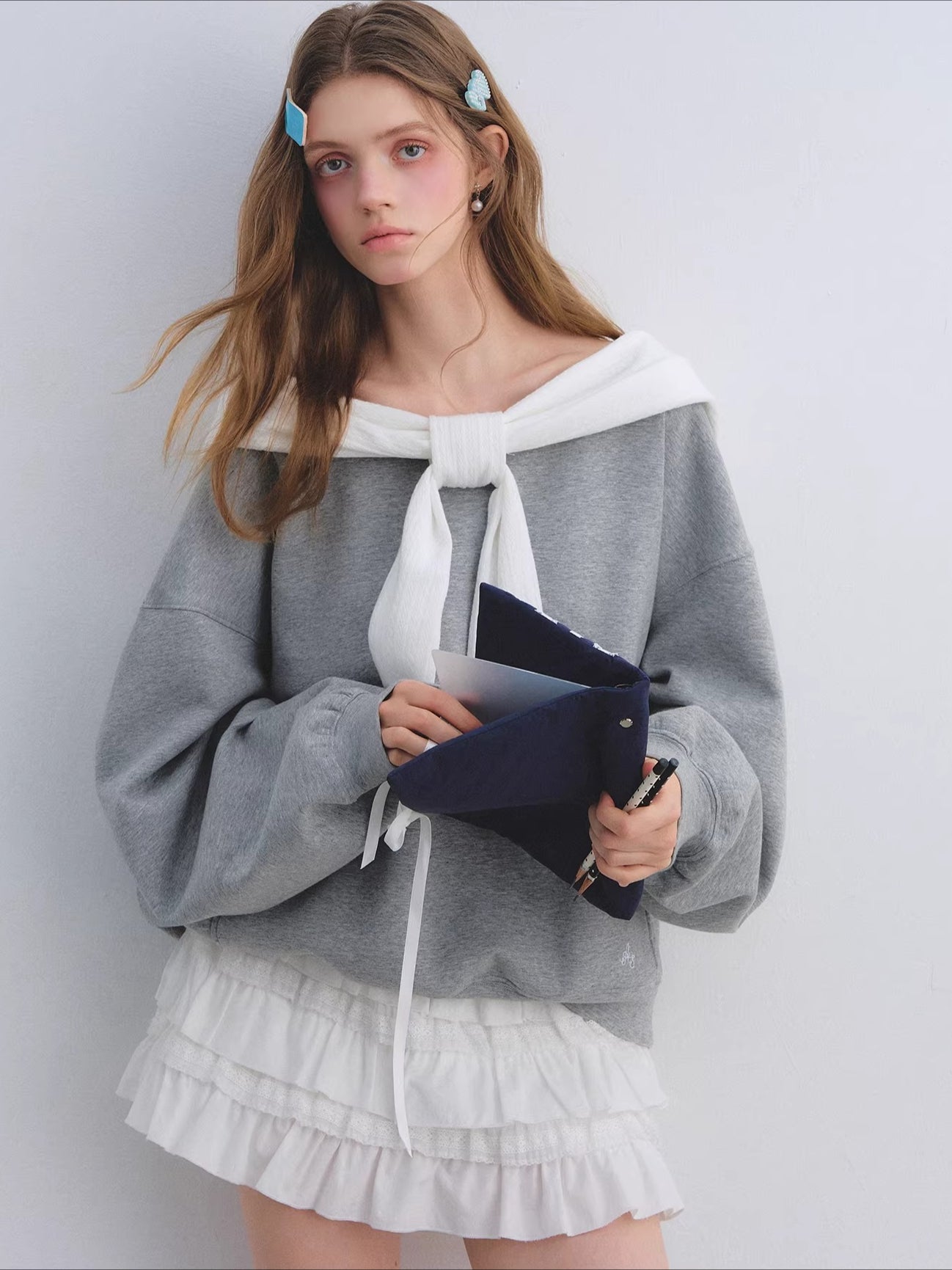 Rabbit-Ear Bow Off-Shoulder Hooded Sweatshirt
