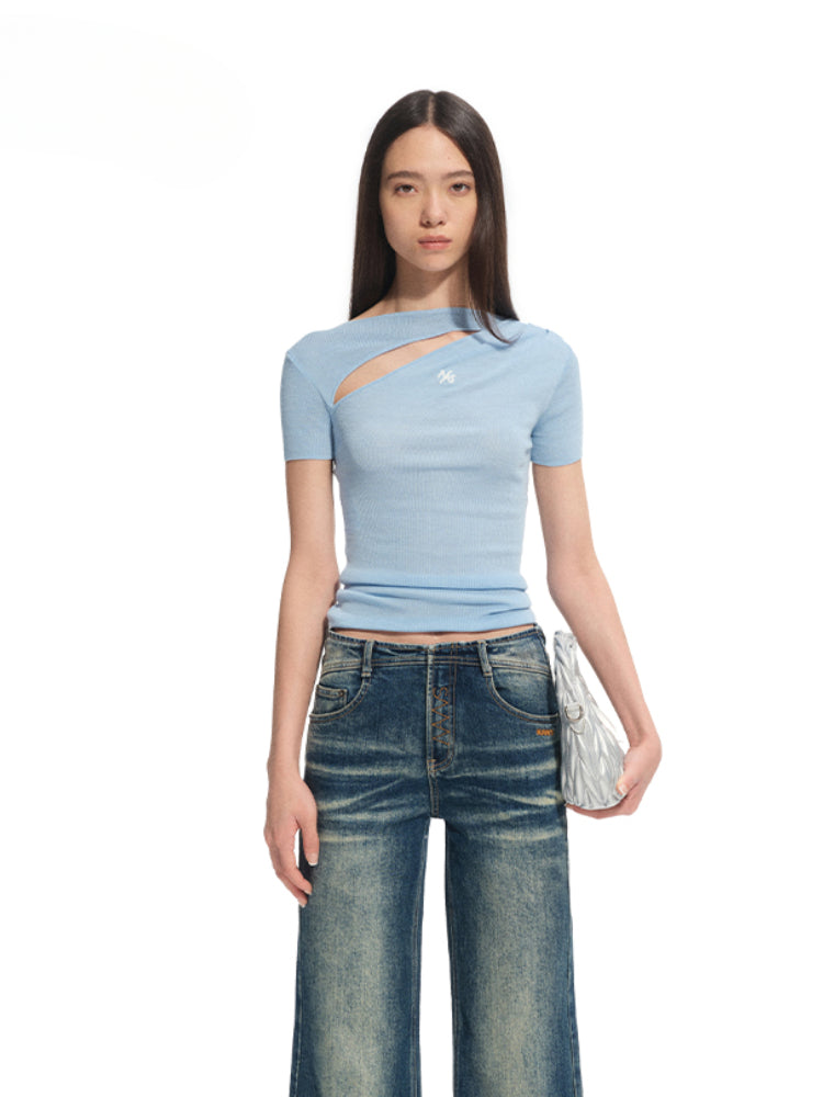 Diagonal Open High-Neck Regular Shoulder T-Shirt - CHINASQUAD