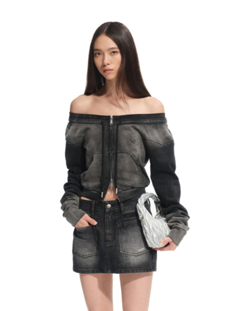 Washed Slim-Fit One-Shoulder Zip-up Sweatshirt - CHINASQUAD