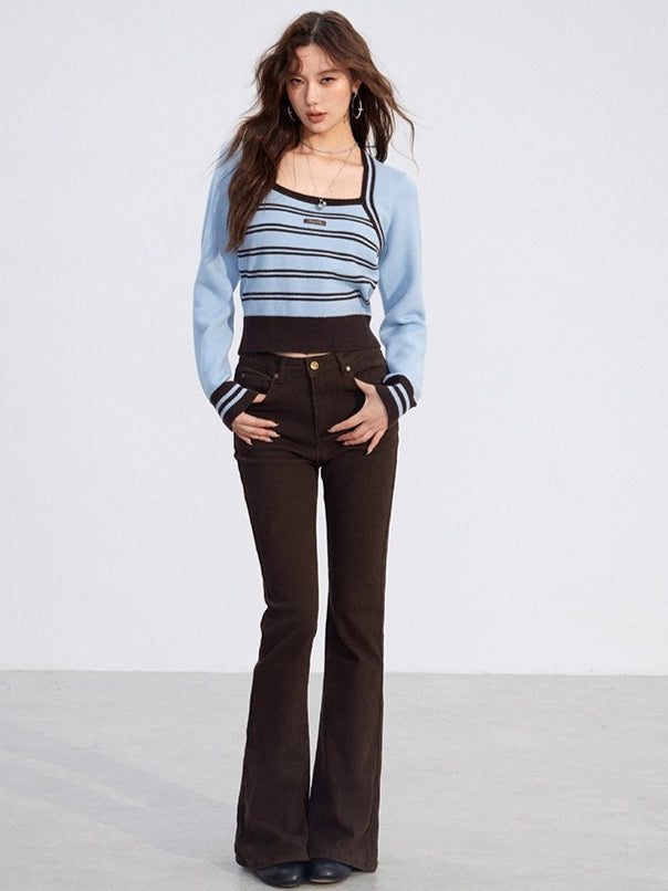 Vintage Square-Neck Layered Knit Blouse