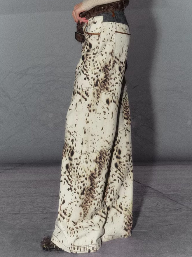 American Leopard Print Wide-Leg Denim Pants