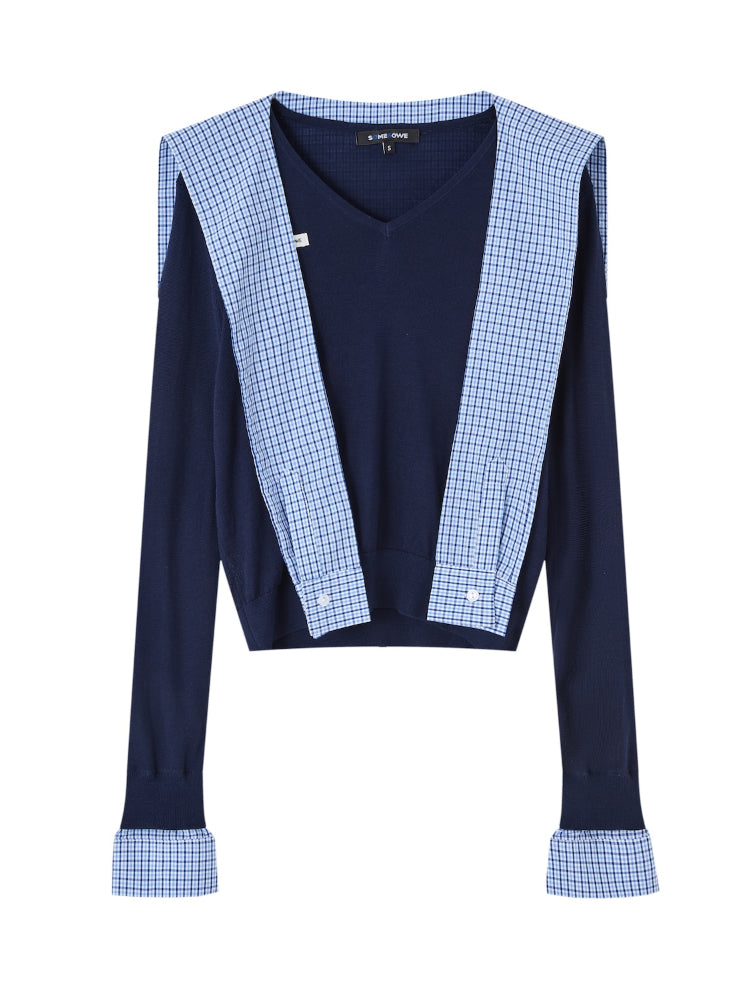 Fake Two-Piece Twist-Knot Spliced V-Neck Knit Top - CHINASQUAD