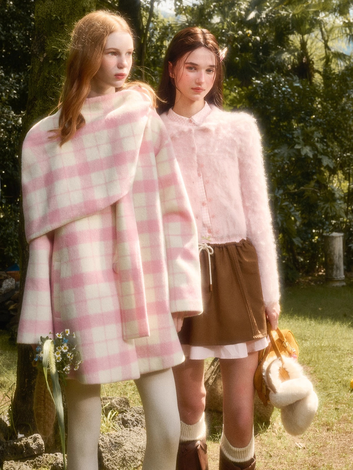 Baby Pink Raspberry Check Wool-Like Cape Coat