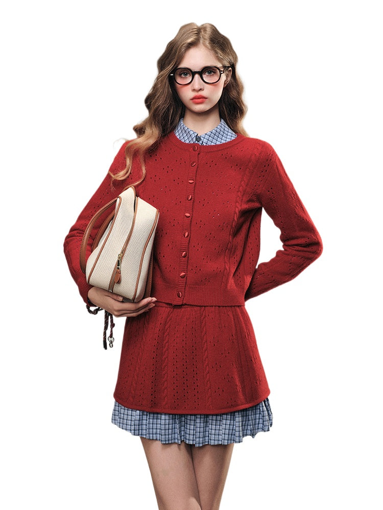 Pure Wool Knit Hollow Cardigan Set - CHINASQUAD